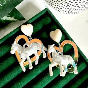 2/$30🌵 White Pony Horse Blue Acrylic Heart Earrings Large Kawaii Jewelry NEW